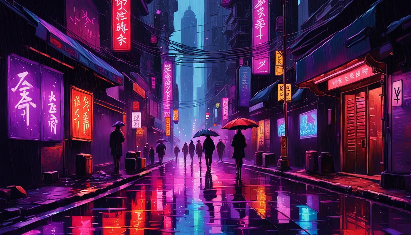 Neon Cyberpunk Cityscape in Oil Painting Style