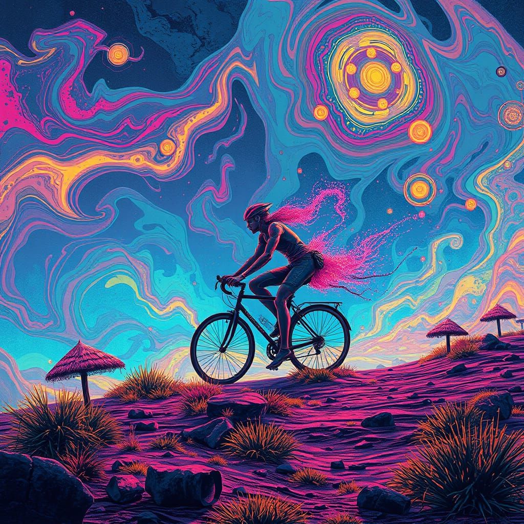 Surreal Cyclist Rides Through Dreamlike Cyberpunk Landscape