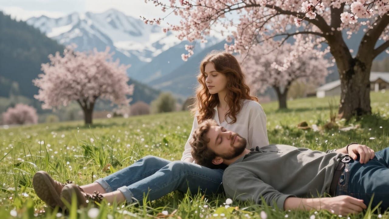 Couple Enjoys Spring Meadow with Snow-Capped Mountains