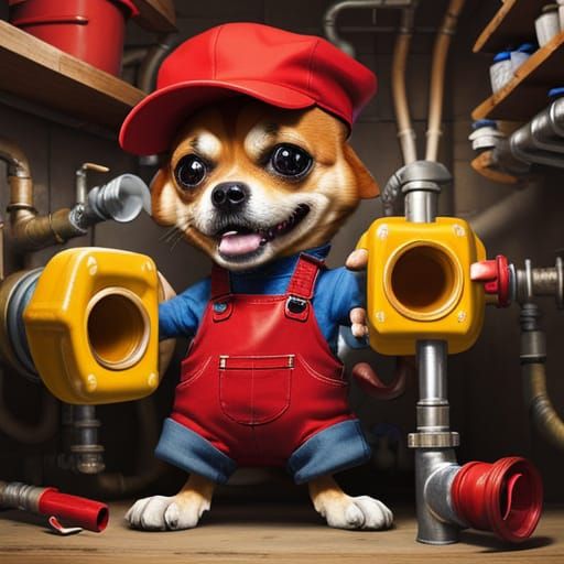 Cartoon Chihuahua Plumber Fixing Pipes Digital Art