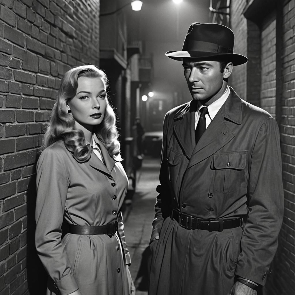 Film Noir Standoff in Smoky Alleyway