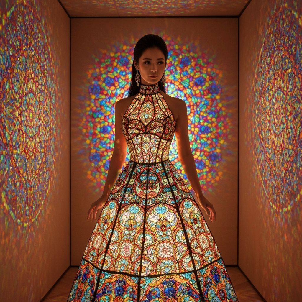 Asian Woman in Ornate Stained Glass Dress