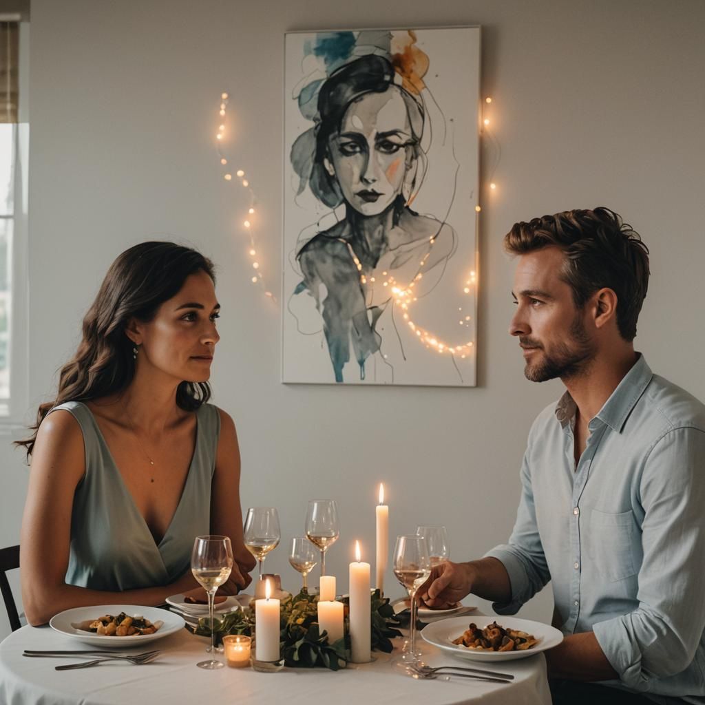 Romantic Dinner: Modern Art Couple in Candlelight