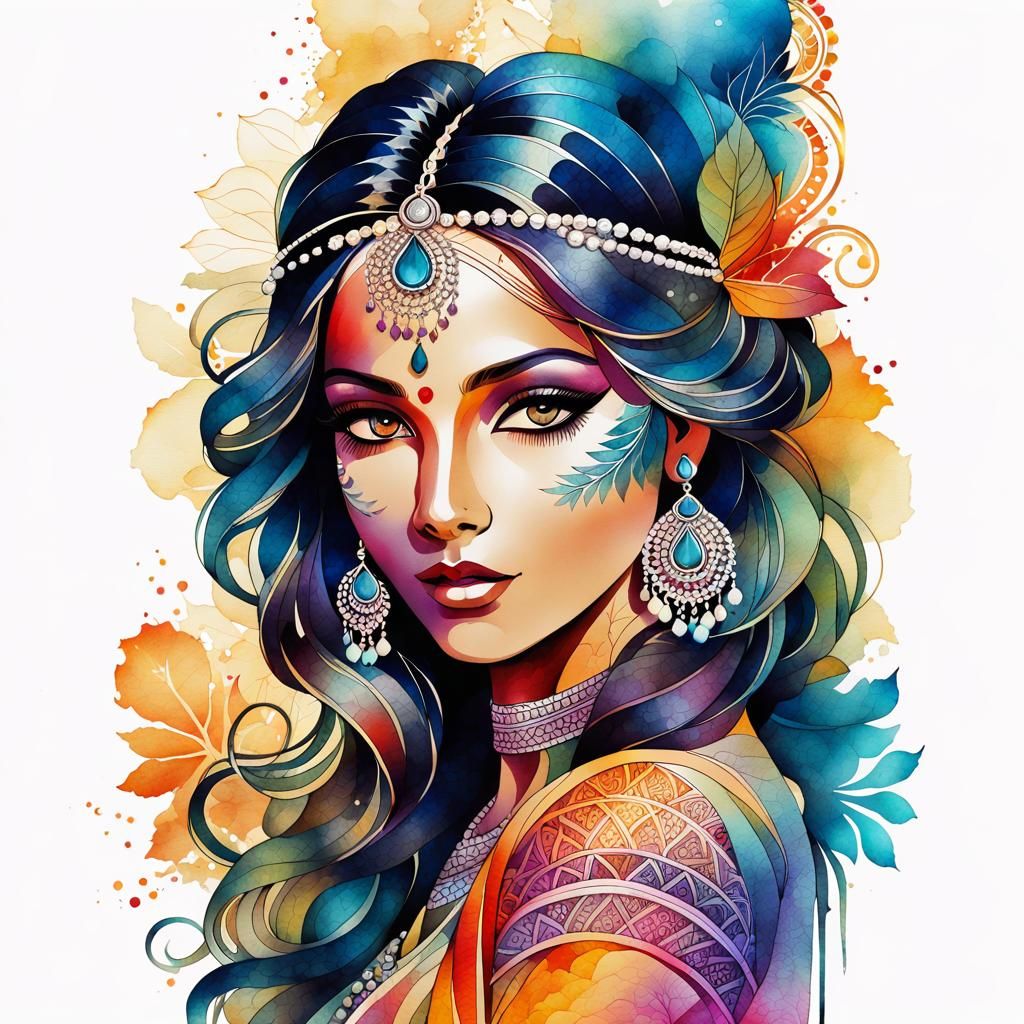 Fantasy Portrait with Indian Pattern in Watercolor Style