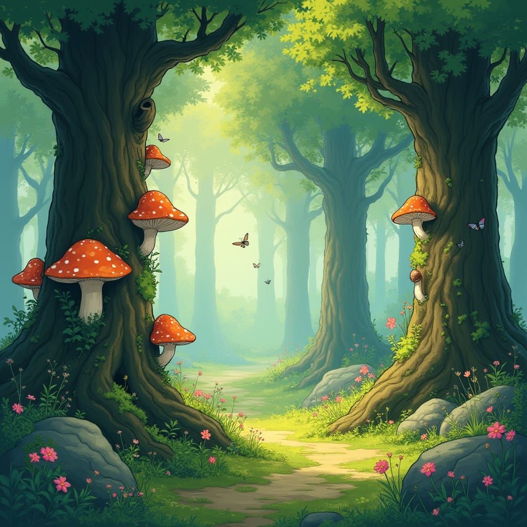 Enchanting Forest Spirits in Hand-Drawn Style