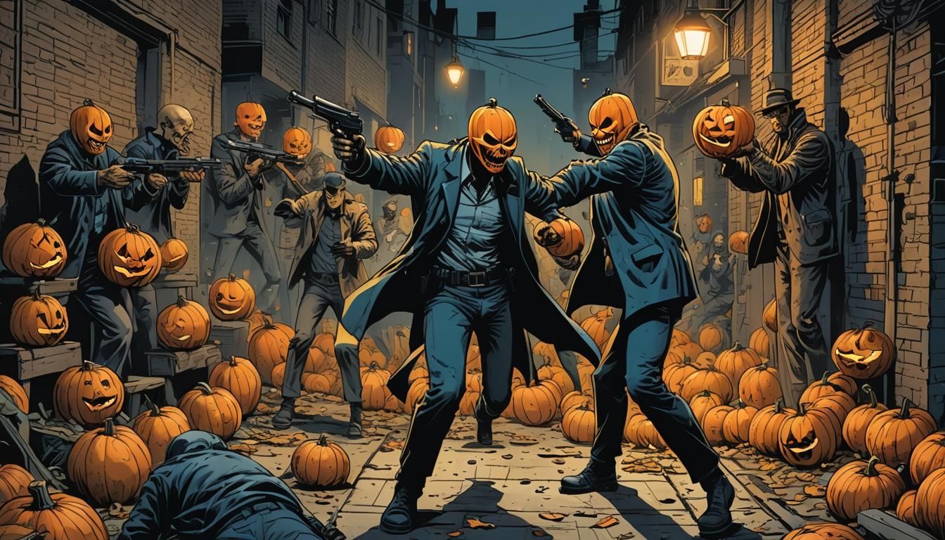 Pumpkin-Headed Gang Gunfight in Sin City Style
