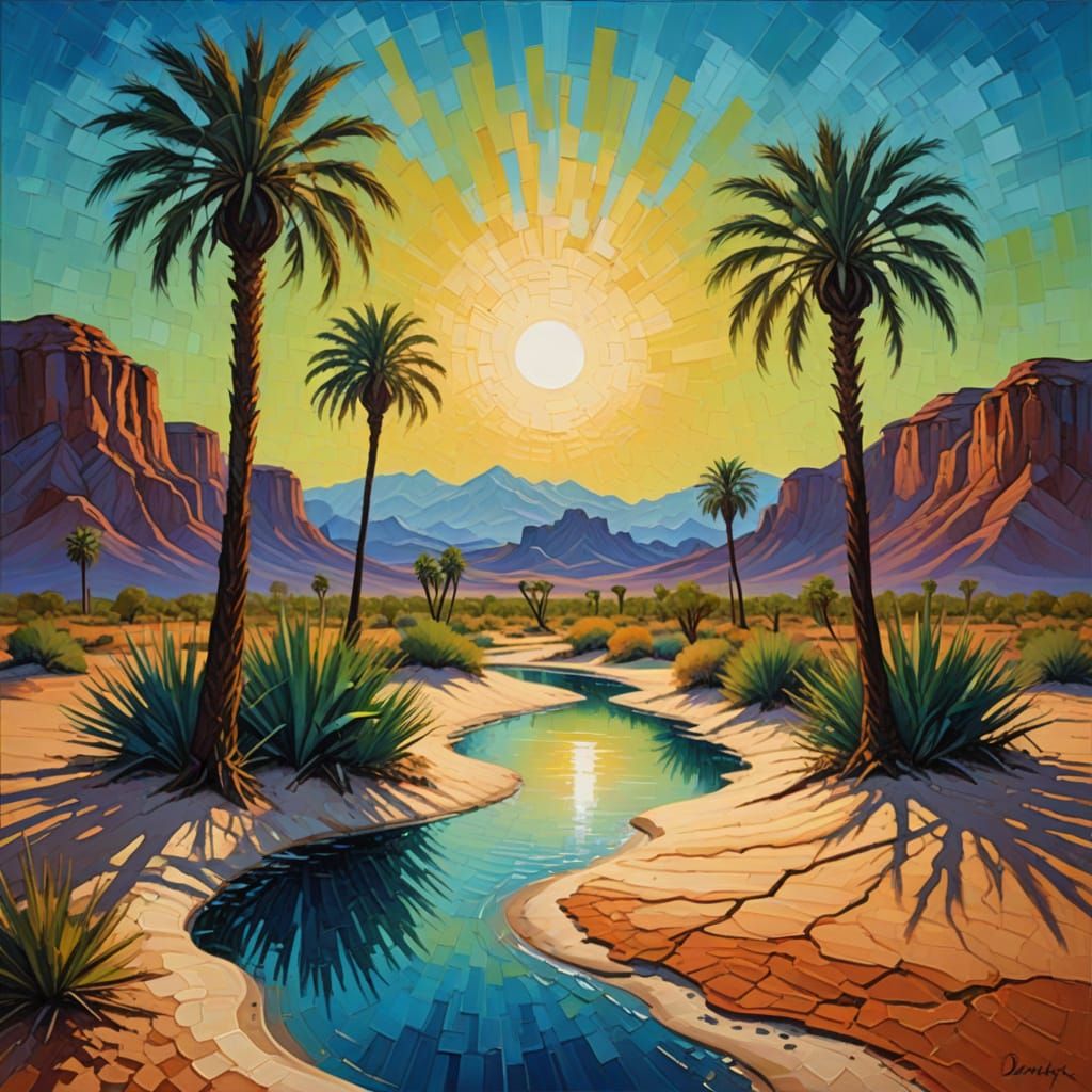 Surrealist Oil Painting of a Glowing Blue Oasis in Desert