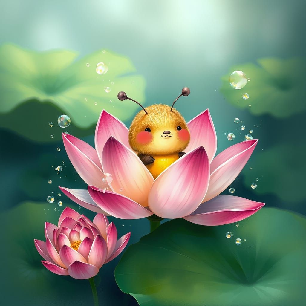 Pixar-Style Bumblebee Sleeping in a Lotus Flower
