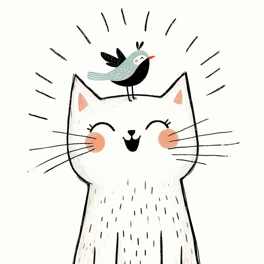 Cat with Bird: Minimalist Drawing