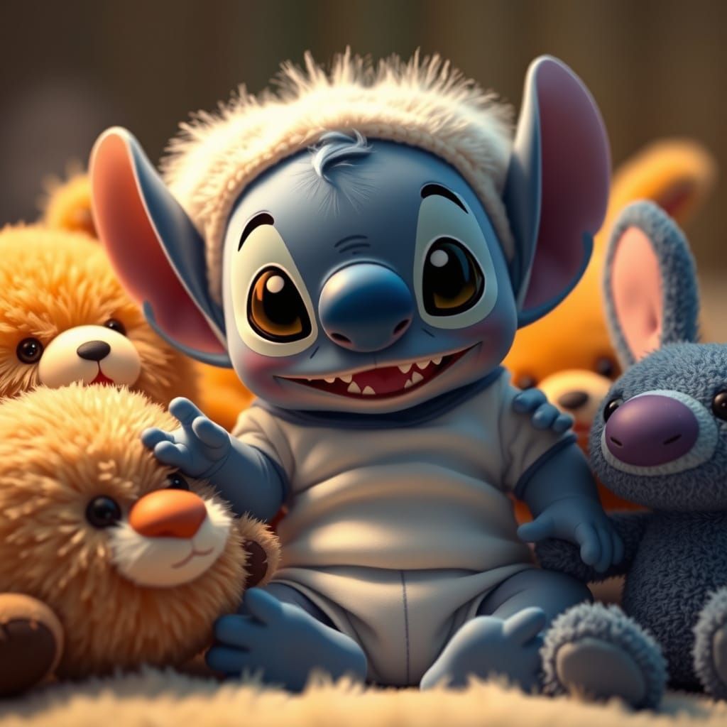 Photorealistic Baby Stitch Surrounded by Stuffed Animals