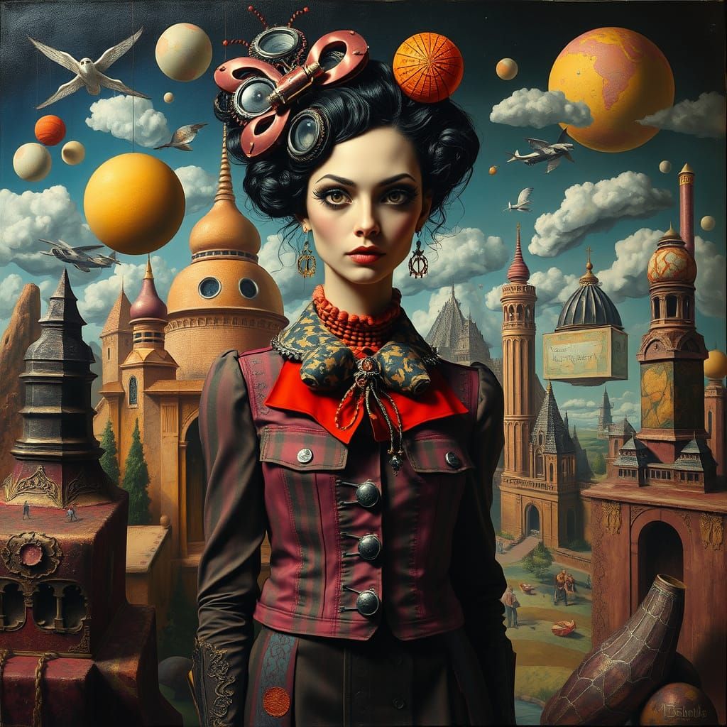 Woman in Surreal Dreamscape with Floating Objects