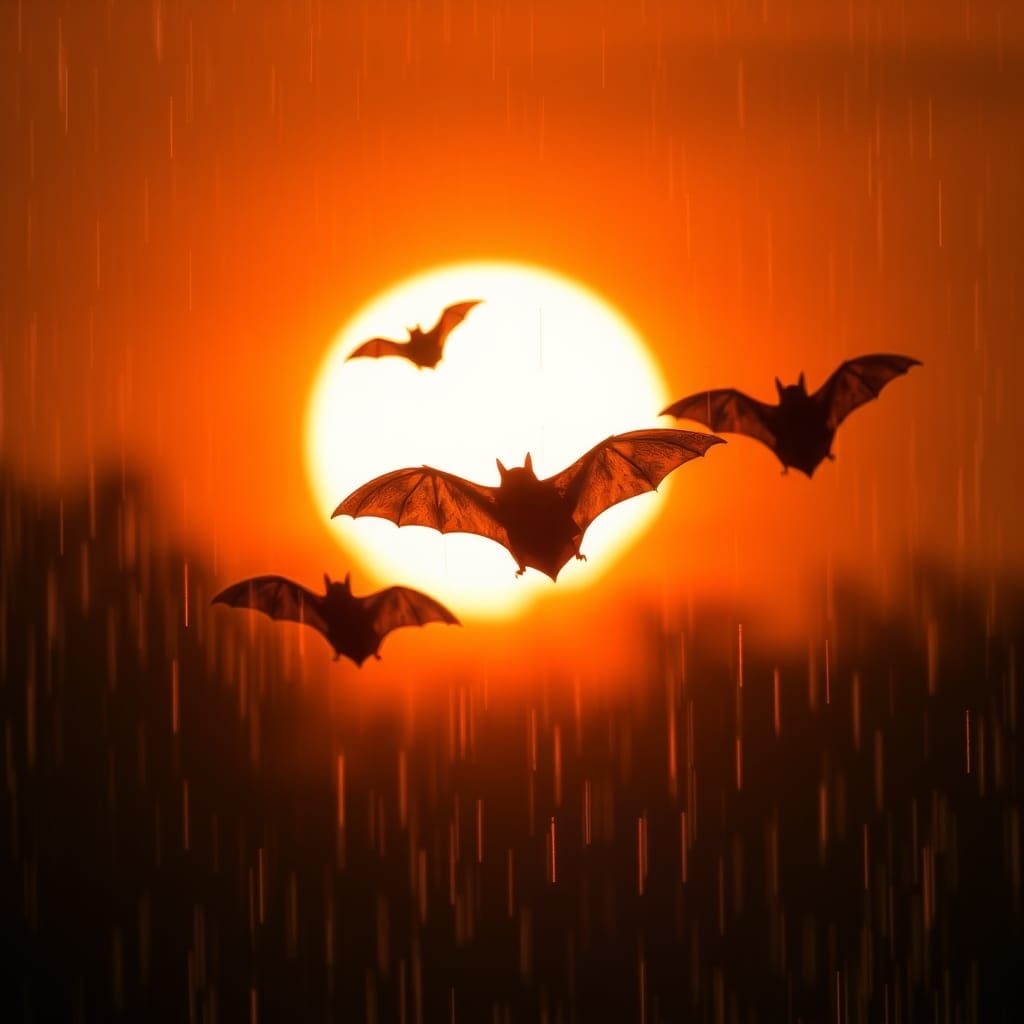 Bats Soaring Past the Rising Sun in Rain