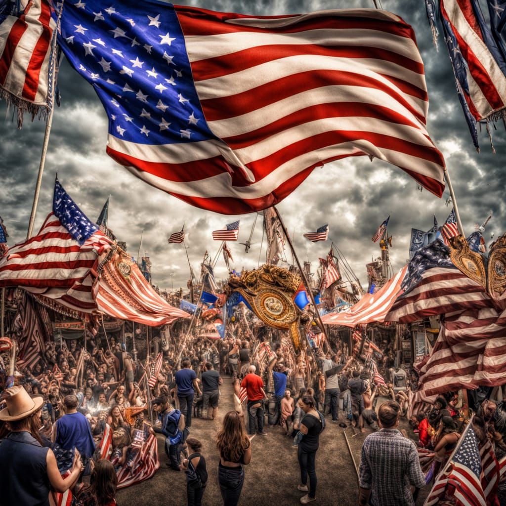 Surreal Carnival Scene with American Motifs