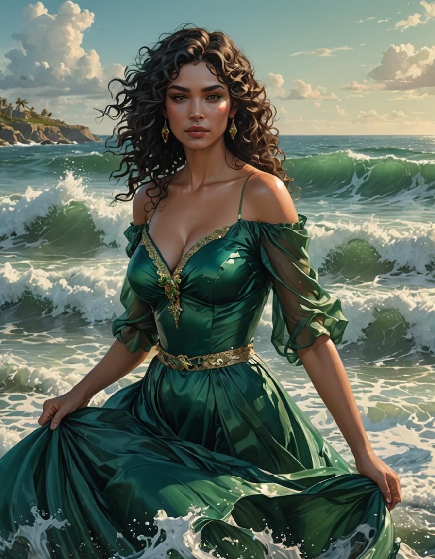 Beautiful Woman in Emerald Gown, Hyperdetailed Portrait