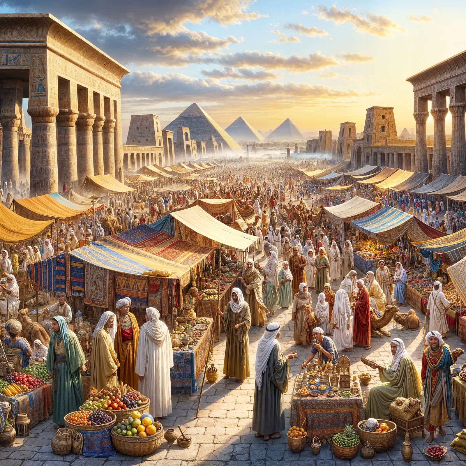 Egyptian Marketplace in Vibrant Colors, With Pyramids in the...