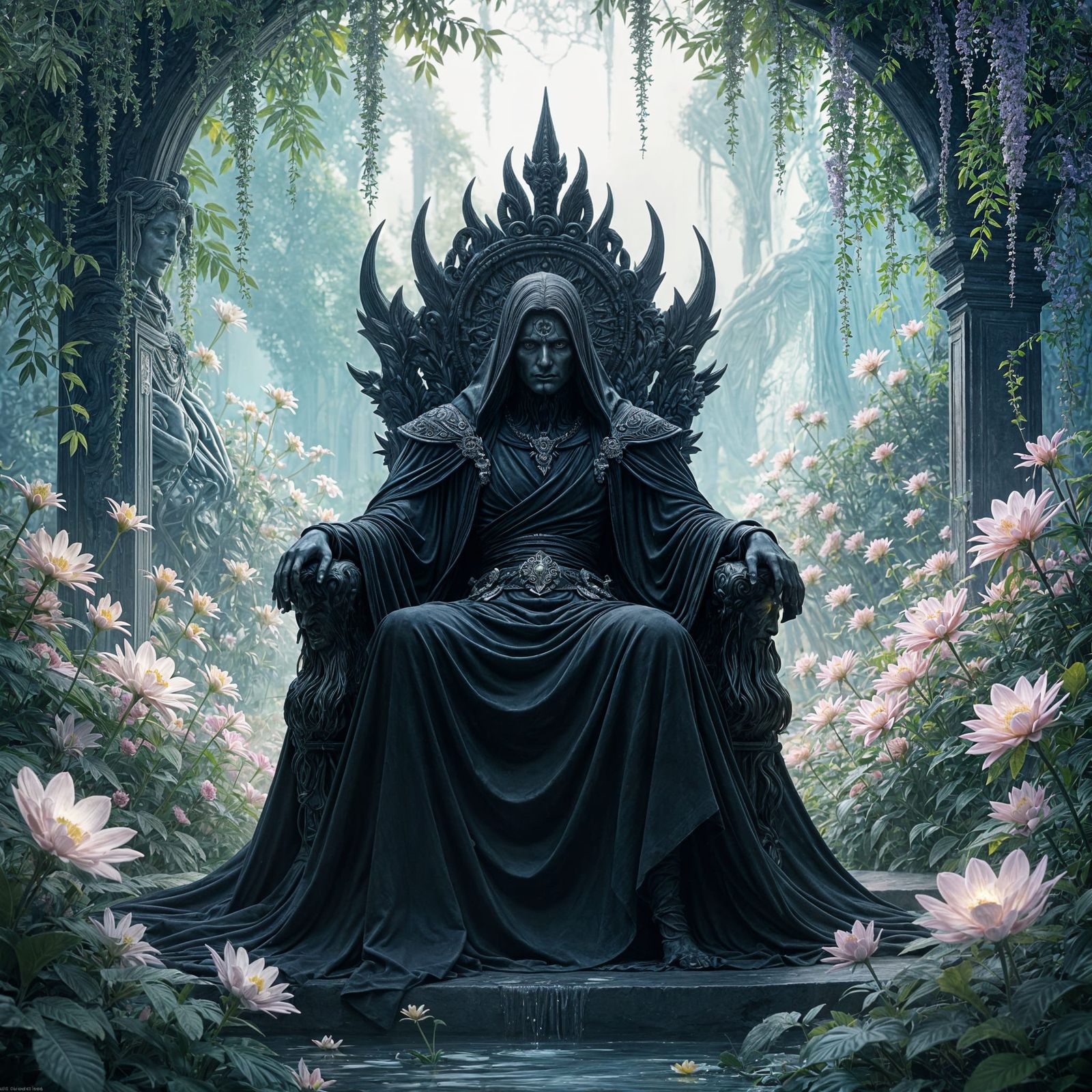 Serene Hades on Obsidian Throne in Ethereal Garden