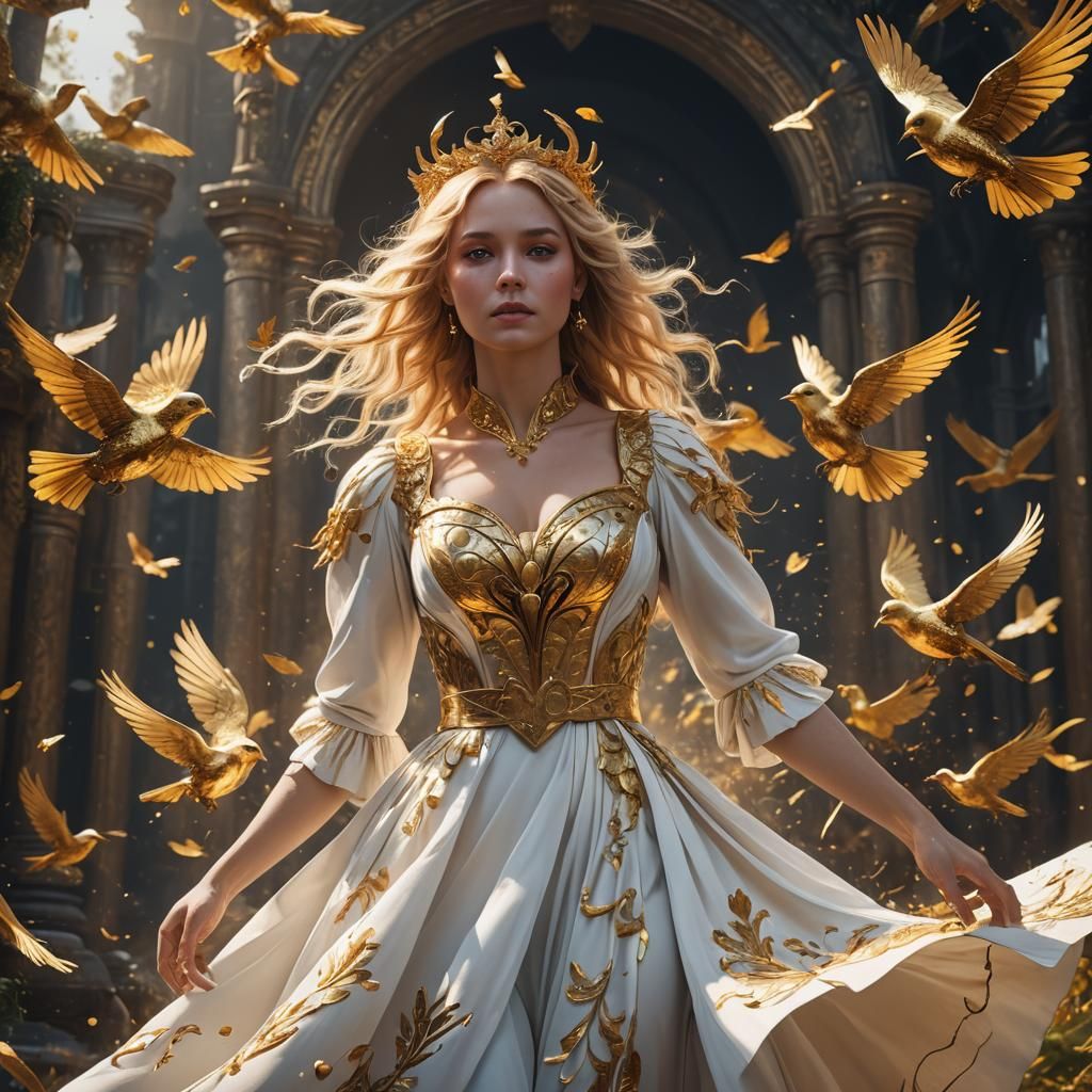 Golden Lady Transformation into Bird: Fantasy Art