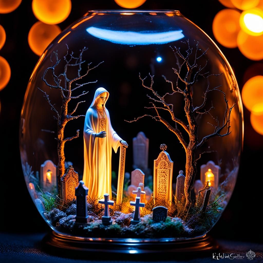 Miniature Haunted Graveyard Inside Cracked Glass Head
