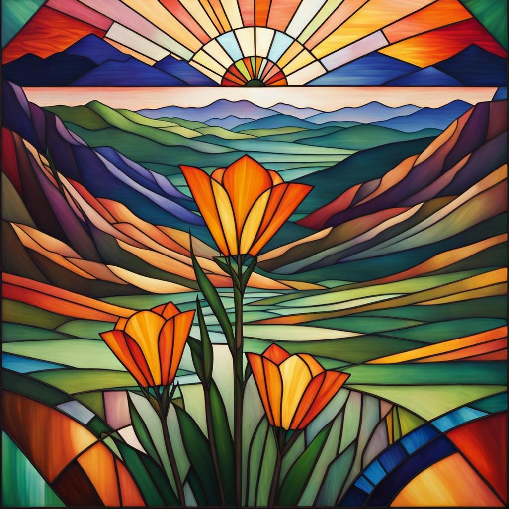 Art Deco Landscape with Stained Glass Flower