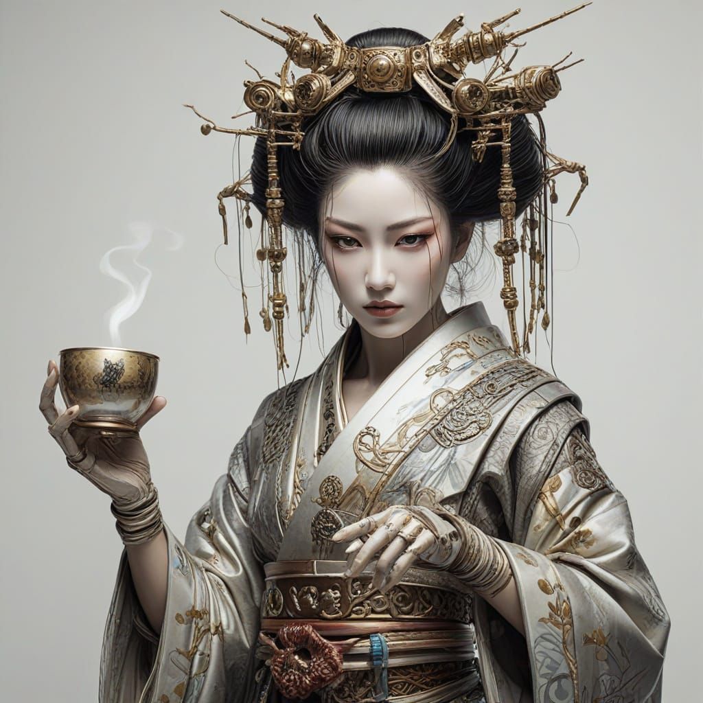 Robot Geisha in Elegant Tea Ceremony