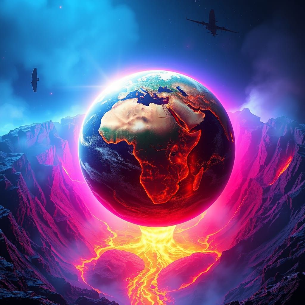 Earth Rising From Volcanic Crater in Cyberpunk Style