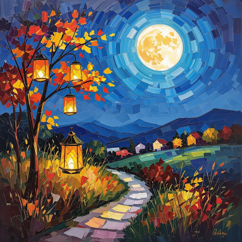 Full Moon Lantern Night: Expressionist Oil Painting
