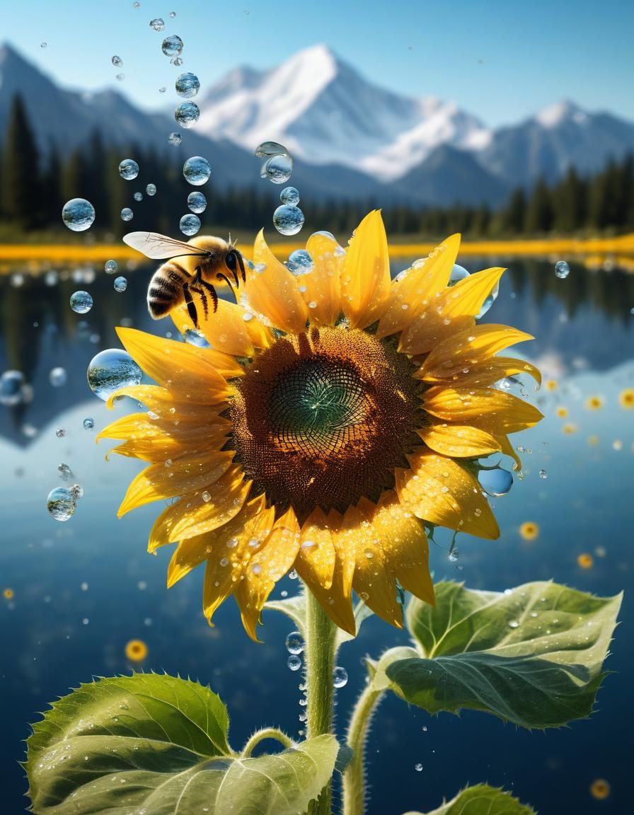 Sunflower with Bee in Dreamy Landscape