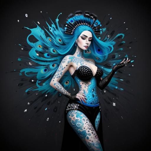 Polychromatic Graffiti Art: Woman with Peacock Feathers