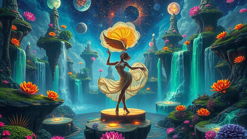 Celestial Dance in a Surreal Utopian Landscape