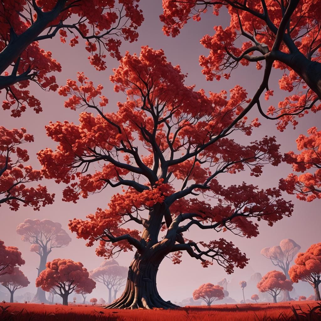 Vibrant Red Tree: Pixar-Style 3D Digital Art