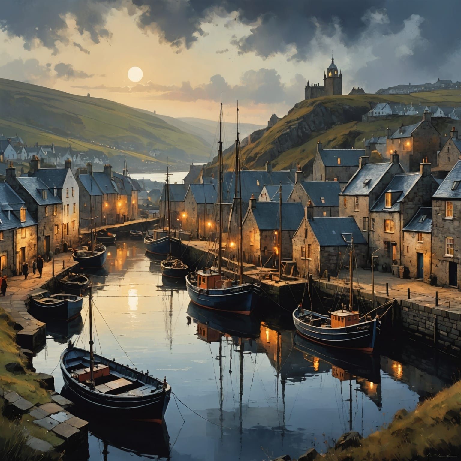 Evening Light on Scottish Harbor: Watercolor Style