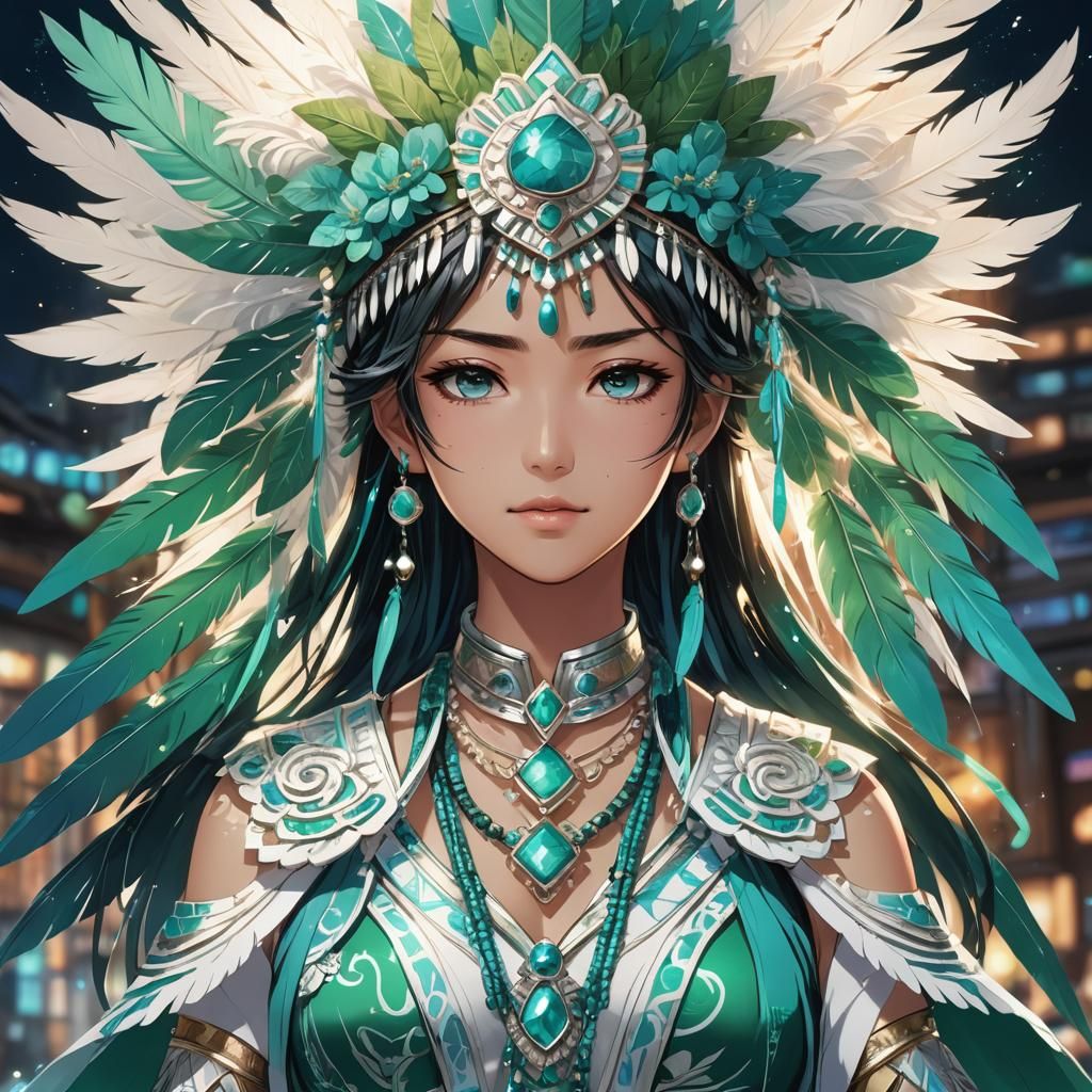 Vibrant Anime Portrait of an Aztec Woman