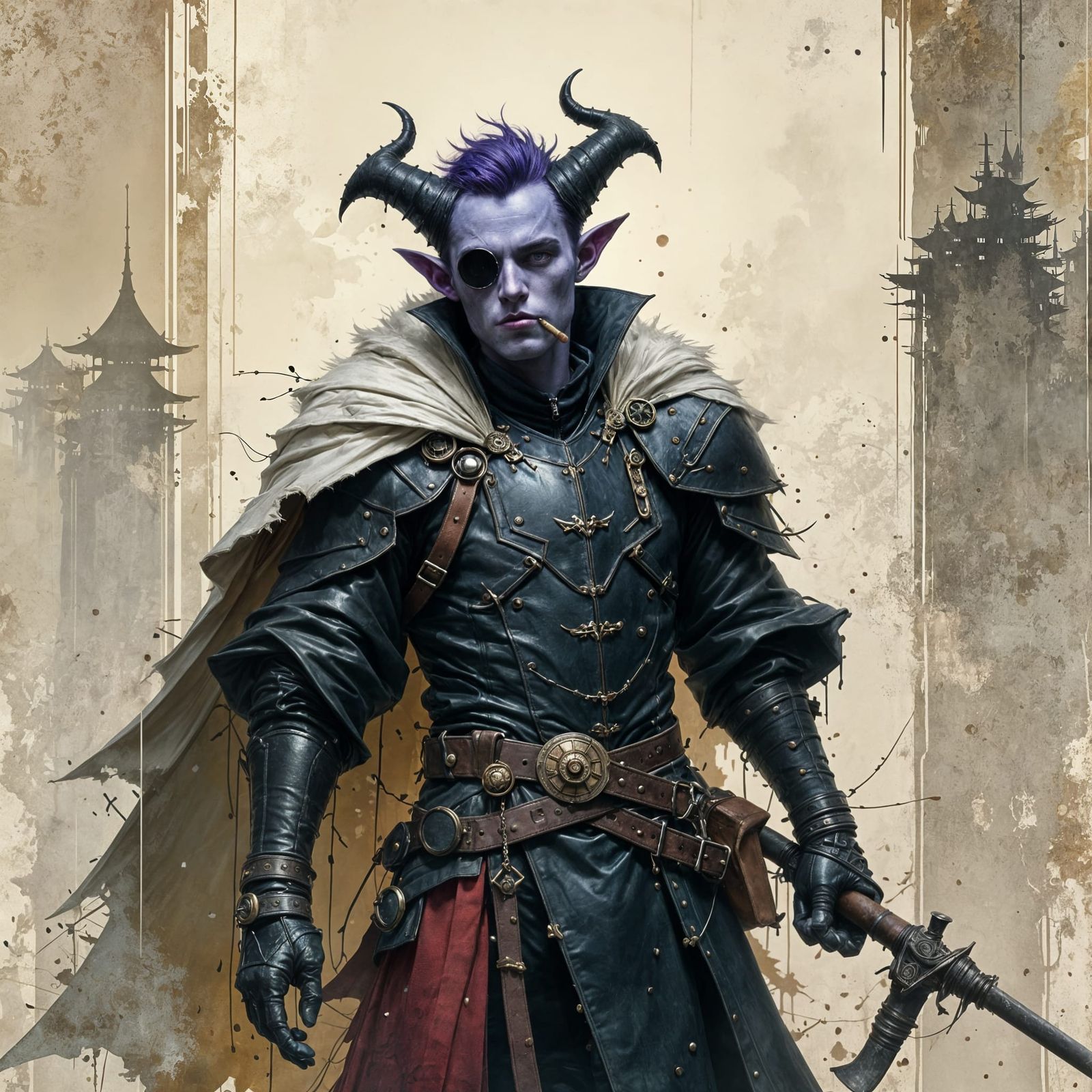 Tiefling Warrior in Steampunk Art Nouveau Style