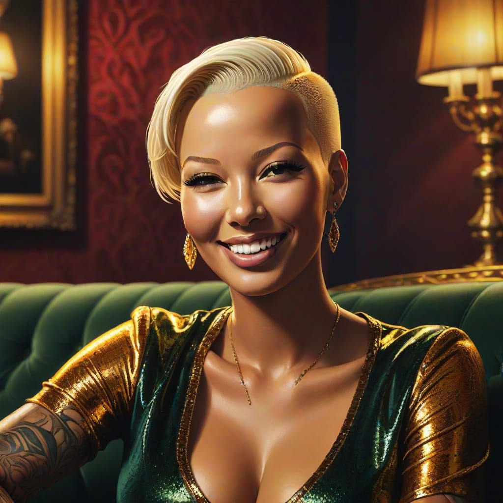 Smiling Woman on Velvet Couch in Oil Painting Style