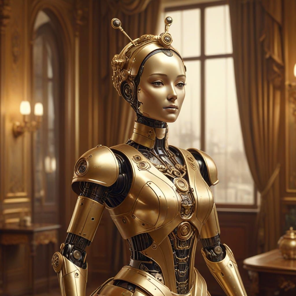 Robot Maid in Lavish Parlor: Art Nouveau Advertisement