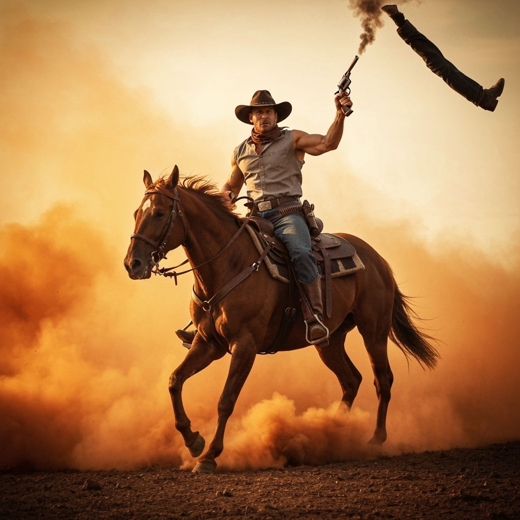 Epic Western Cowboy Riding Horse in Dust Cloud