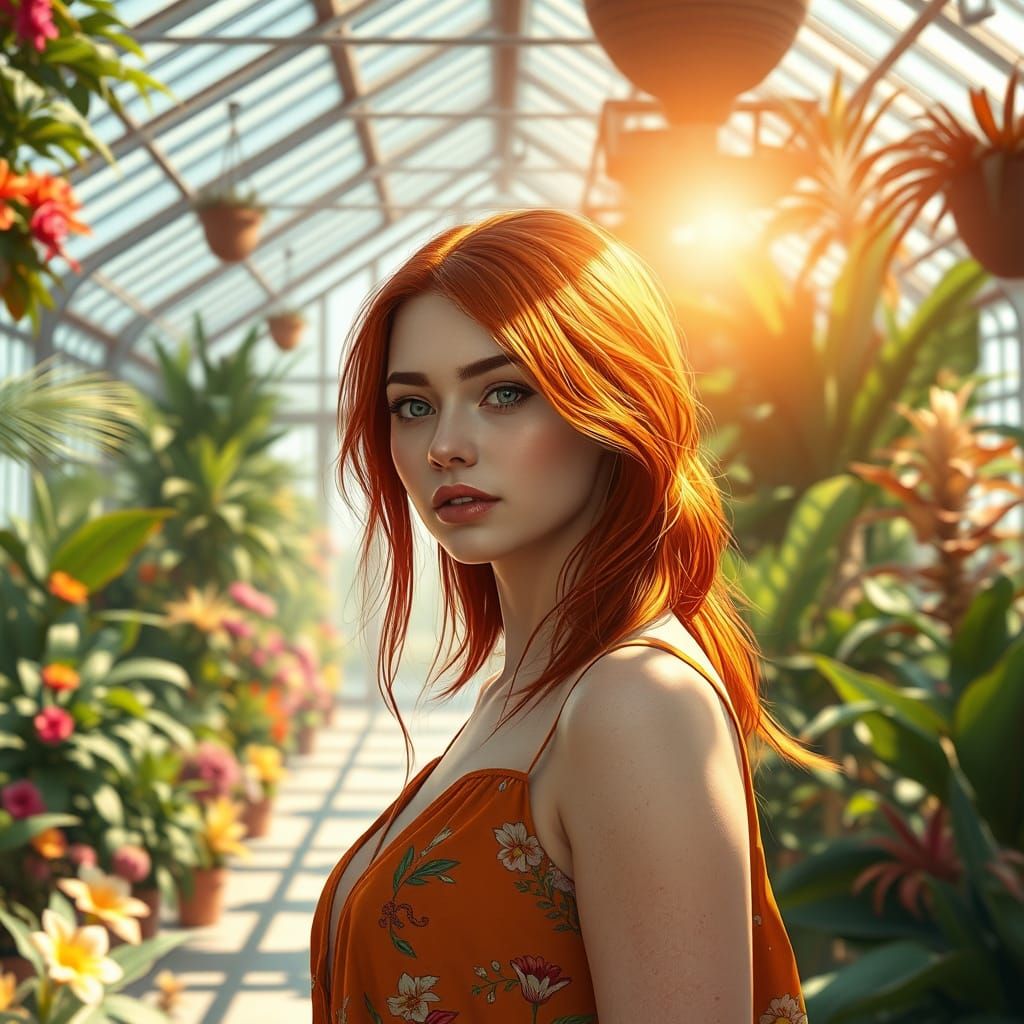 Woman in Sunlit Greenhouse: Hyperrealistic Splash Art