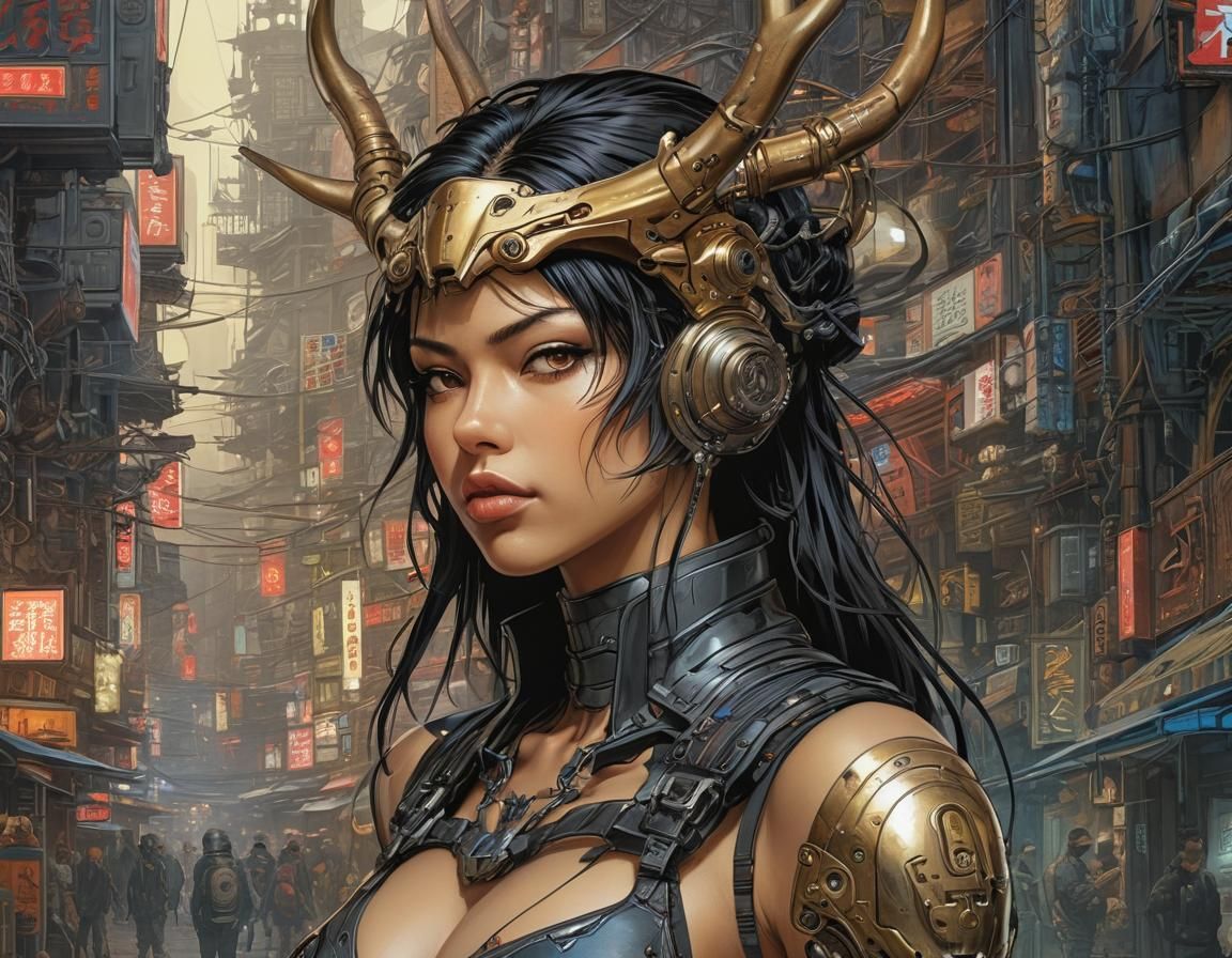 Cyberpunk Woman with Antlers in Detailed Portrait