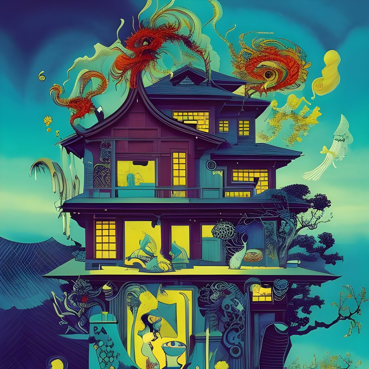 Surreal Home in Dreamscape: Ornate, Vivid Colors