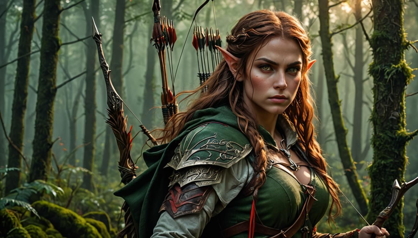 Elf Warrior in Misty Forest, Hyperrealistic Digital Art