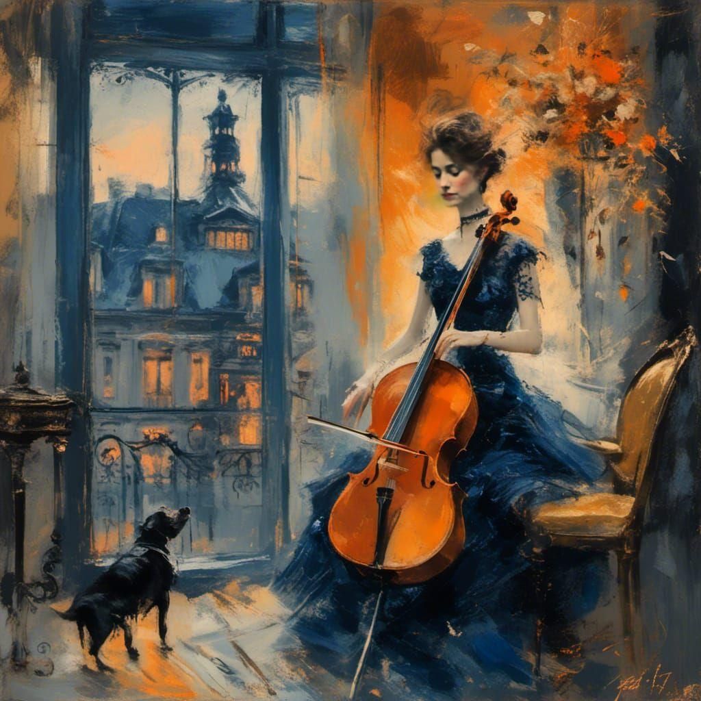 Woman Plays Cello in Oslo, Fauvism Style