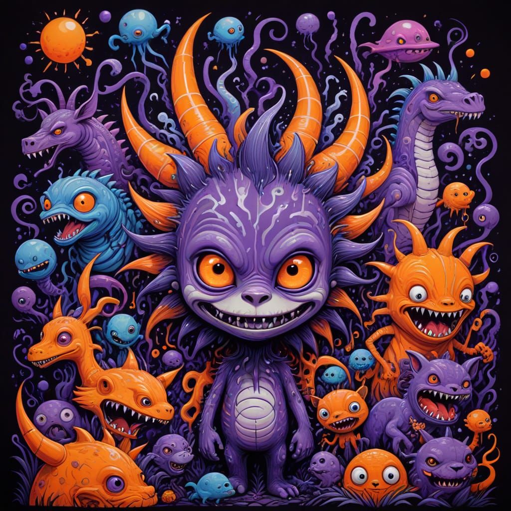 Surreal Dream World of Monsters in Vibrant Neon