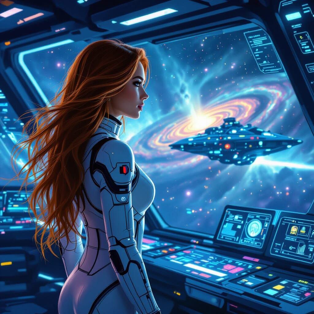 Woman on Spaceship Bridge Gazing at Nebula