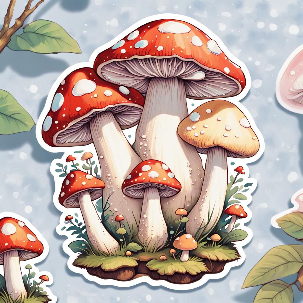 Cute Manga Mushroom Sticker in Gouache Style