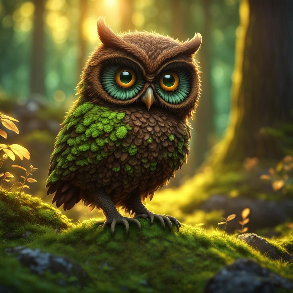 Adorable Mossy Owl at Sunset in Detailed Matte Painting