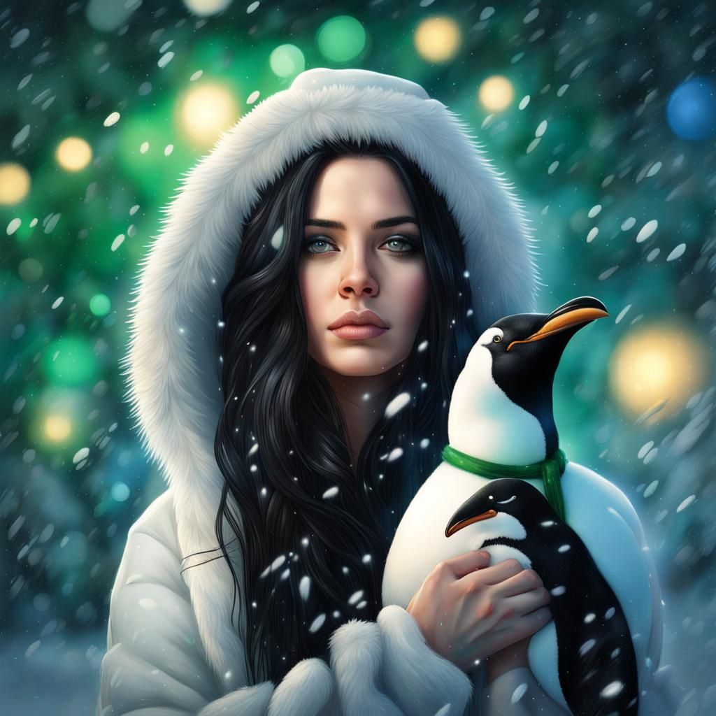 Magical Christmas: Woman with Penguin in Winter Wonderland