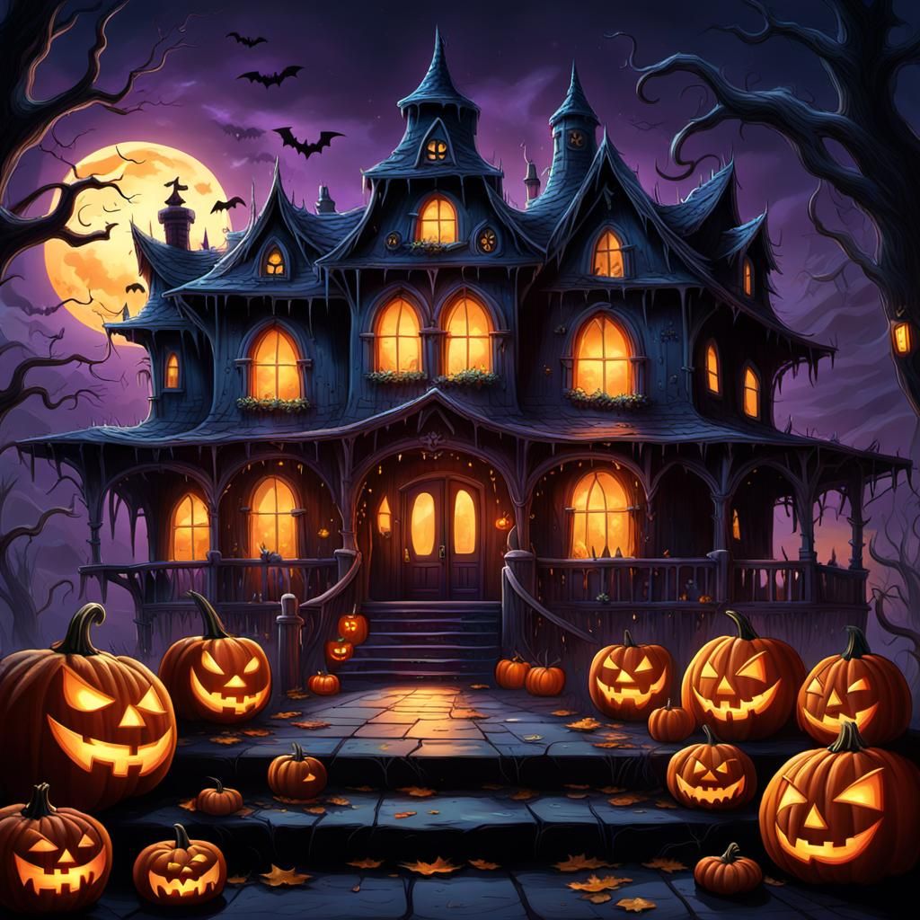 Halloween Friends in Front of Haunted House