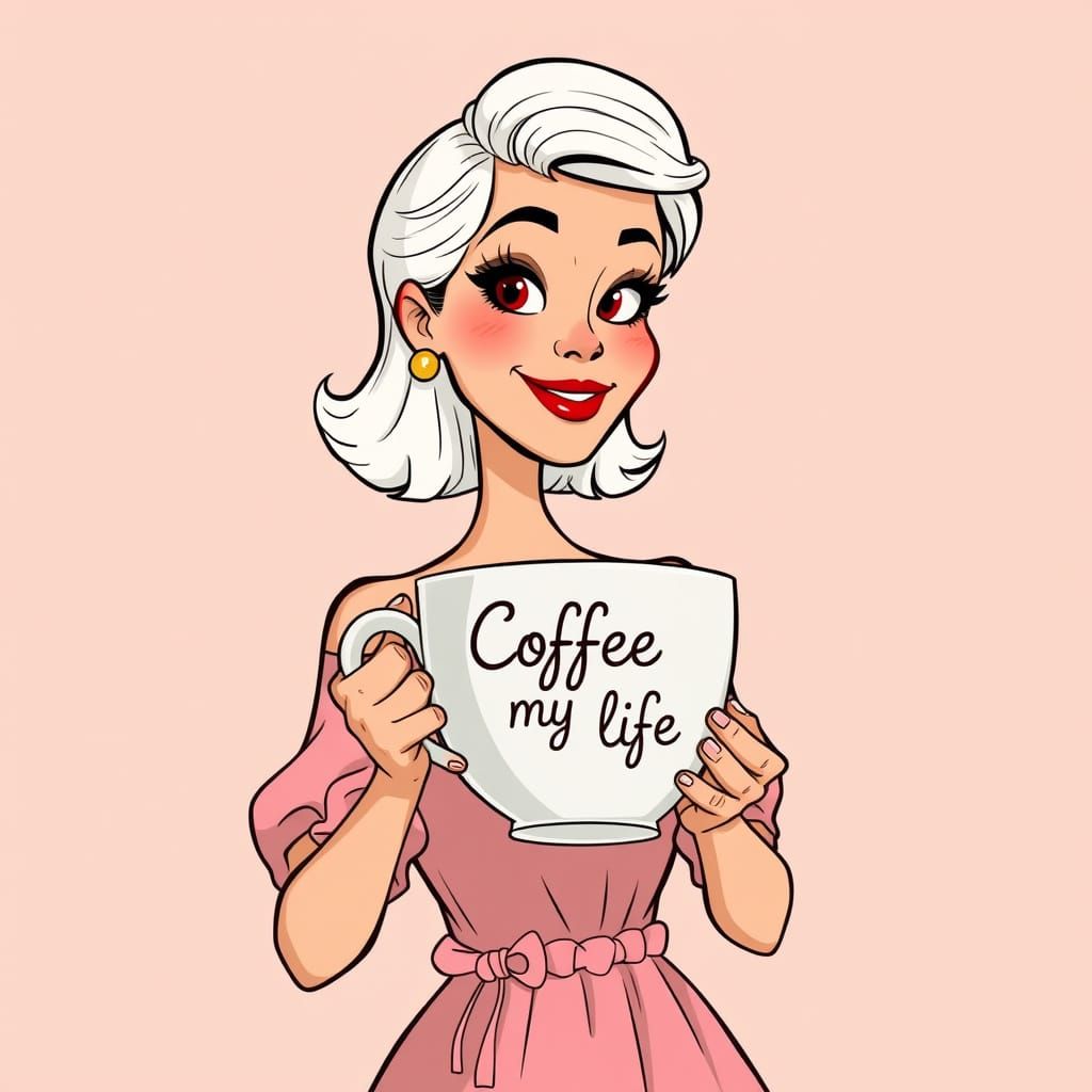 Charming Cartoon Woman in Rose Robe with Coffee Cup