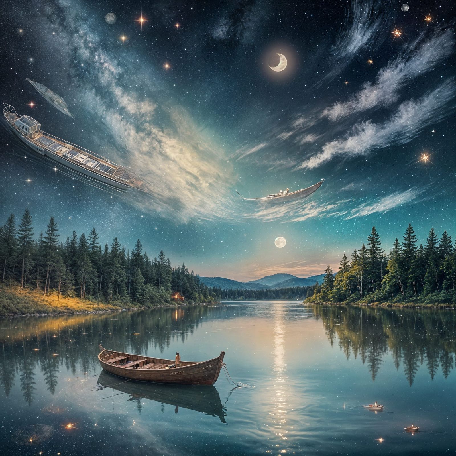 Cosmic Boat on Lake Under Astral Moonlight