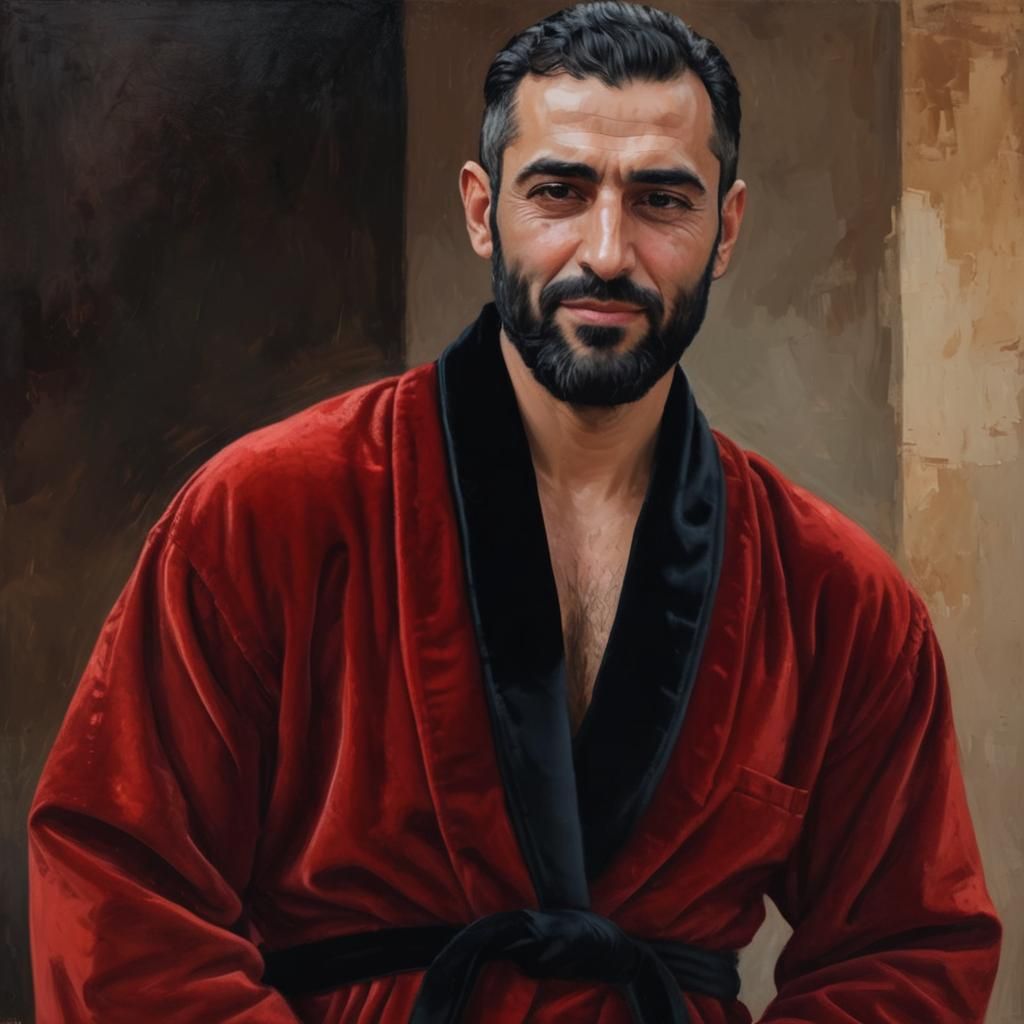 Handsome Turkish Man in Red Velvet Robe, Impasto Oil